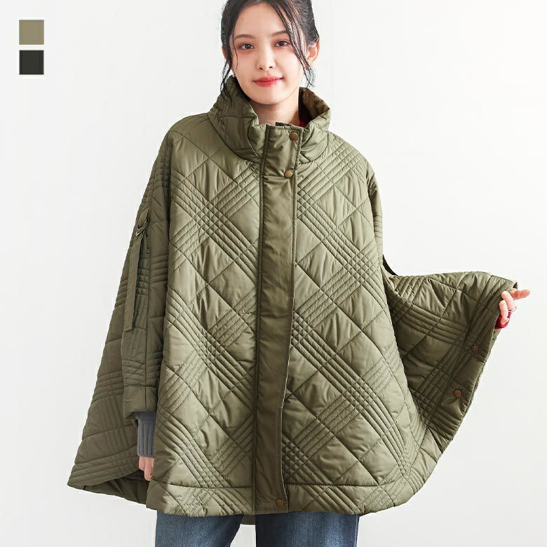 【送料無料】＜冬新作＞『ソフトタフタキルティングポンチョ』【メール便不可】【70】[ポンチョ レディース アウター コート ブルゾン スタンドネック Aライン 2way タフタ生地 秋 冬 オシャレウォーカー] ソフトタフタキルティングポンチョ』