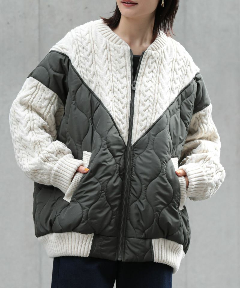 n'OrLABELキルティング×ケーブルニットドッキングブルゾン』