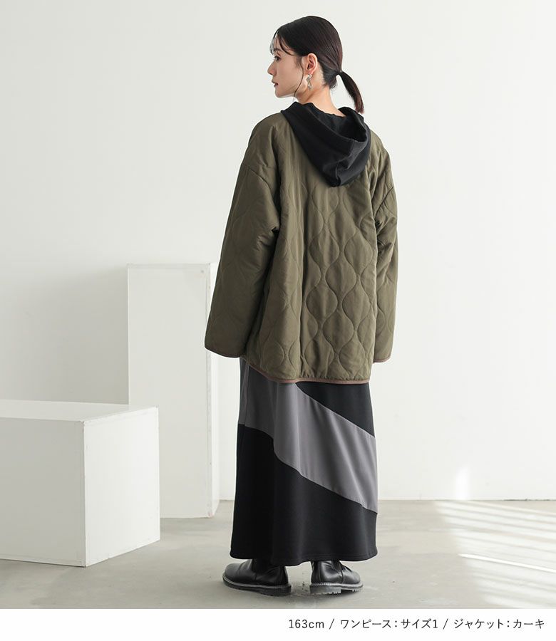 ノーカラーキルティングジャケット×異素材切替フード付きワンピース