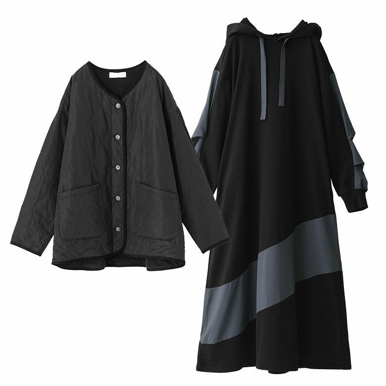 【送料無料】『ノーカラーキルティングジャケット×異素材切替フード付きワンピースコーデ2点SET』【メール便不可】【70】[2点コーデセット 2025 レディース ジャケット 裏フリース あったか ワンピース 長袖 裏毛] ノーカラーキルティングジャケット×異素材切替フード付きワンピース