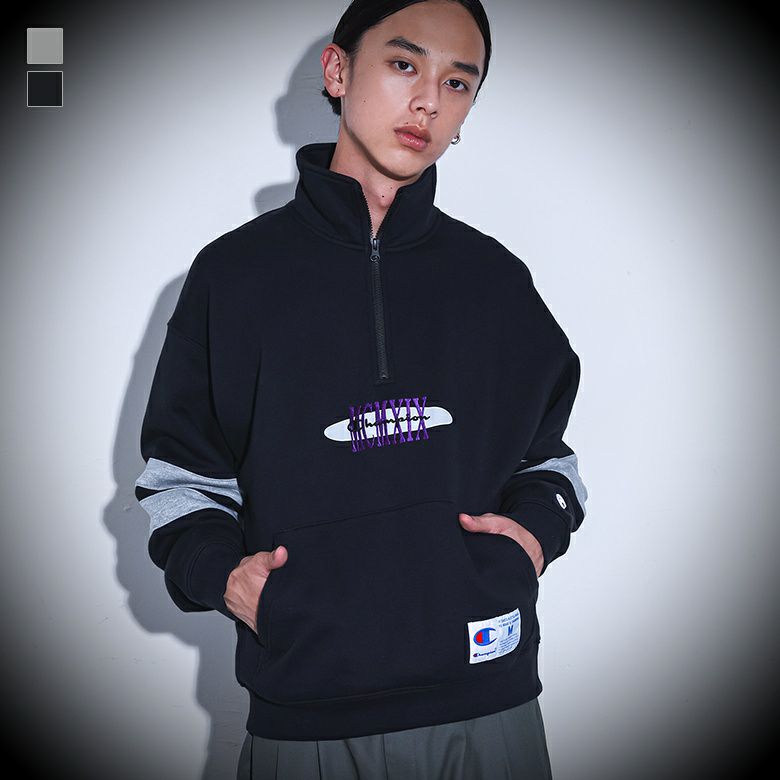 Champion(チャンピオン)袖ラインロゴ刺繍ハーフジップトップス