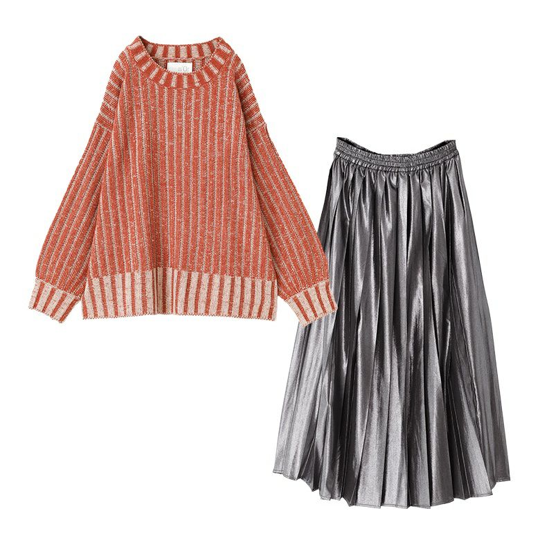 二重臼配色リブ編みニット×メタリックプリーツスカートコーデ2点SET』