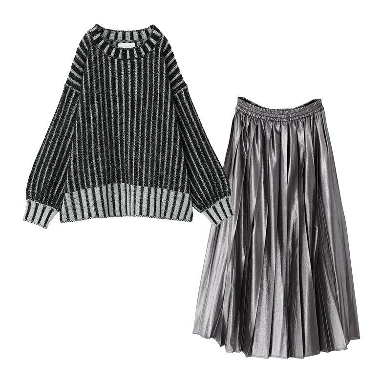 二重臼配色リブ編みニット×メタリックプリーツスカートコーデ2点SET』