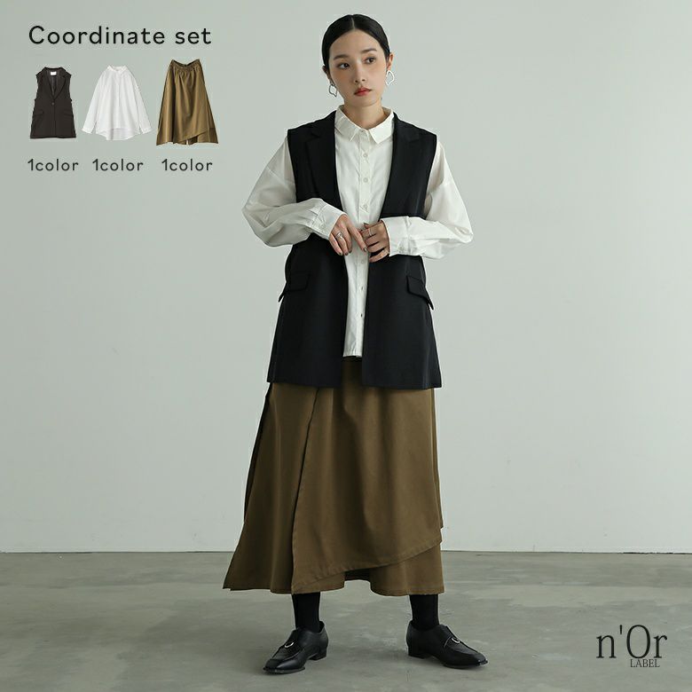 変形デザインガウチョパンツ×ツイルテーラードジレベスト×バックボタンスリットシャツコーデ3点SET