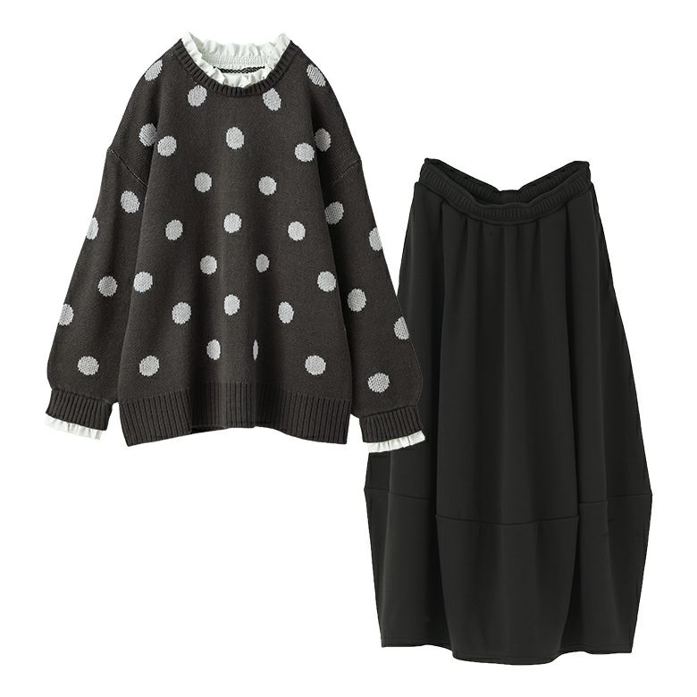 裏シャギーコクーンスカート×ミニフリル付きドットニットコーデ2点SET』