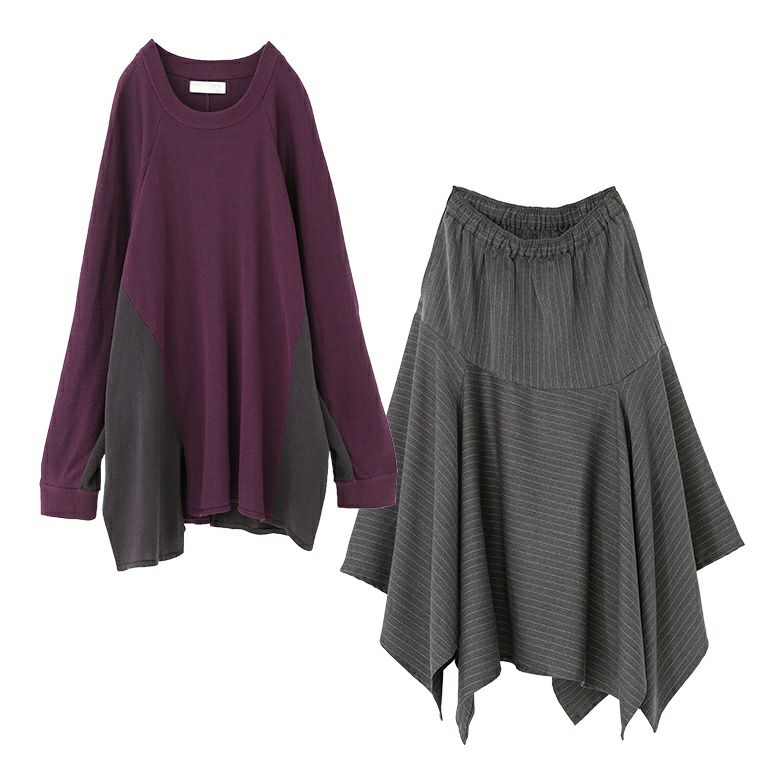 裾ギザギザスカート×配色前ラグランスリットニットコーデ2点SET』