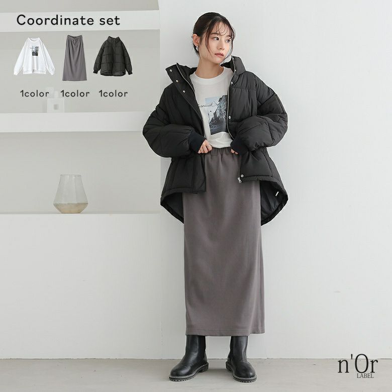 リブニットソースカート×プリント刺繍ロンT×中綿ボリュームブルゾンコーデ3点SET