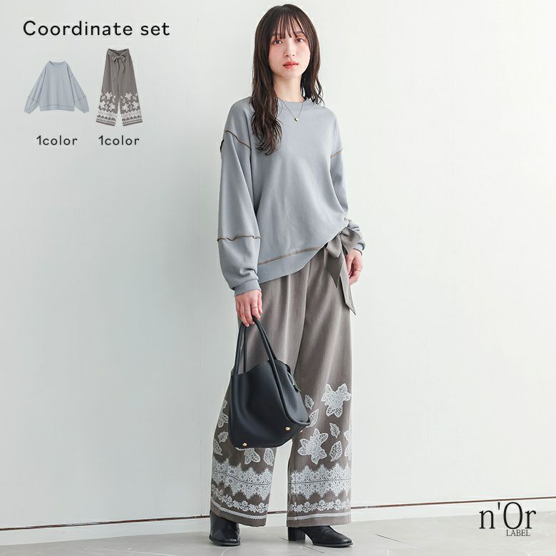 裏毛メロウランタンスリーブプルオーバー×ウエストリボンレースプリントパンツコーデ2点SET