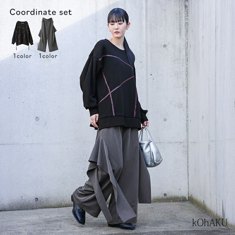 フェイクレザーライン裏シャギースウェット×フレアモチーフワイドパンツコーデ2点SET