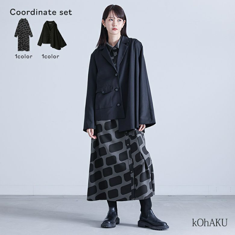 スクエアプリントシャツワンピース×アシンメトリータックジャケットコーデ2点SET