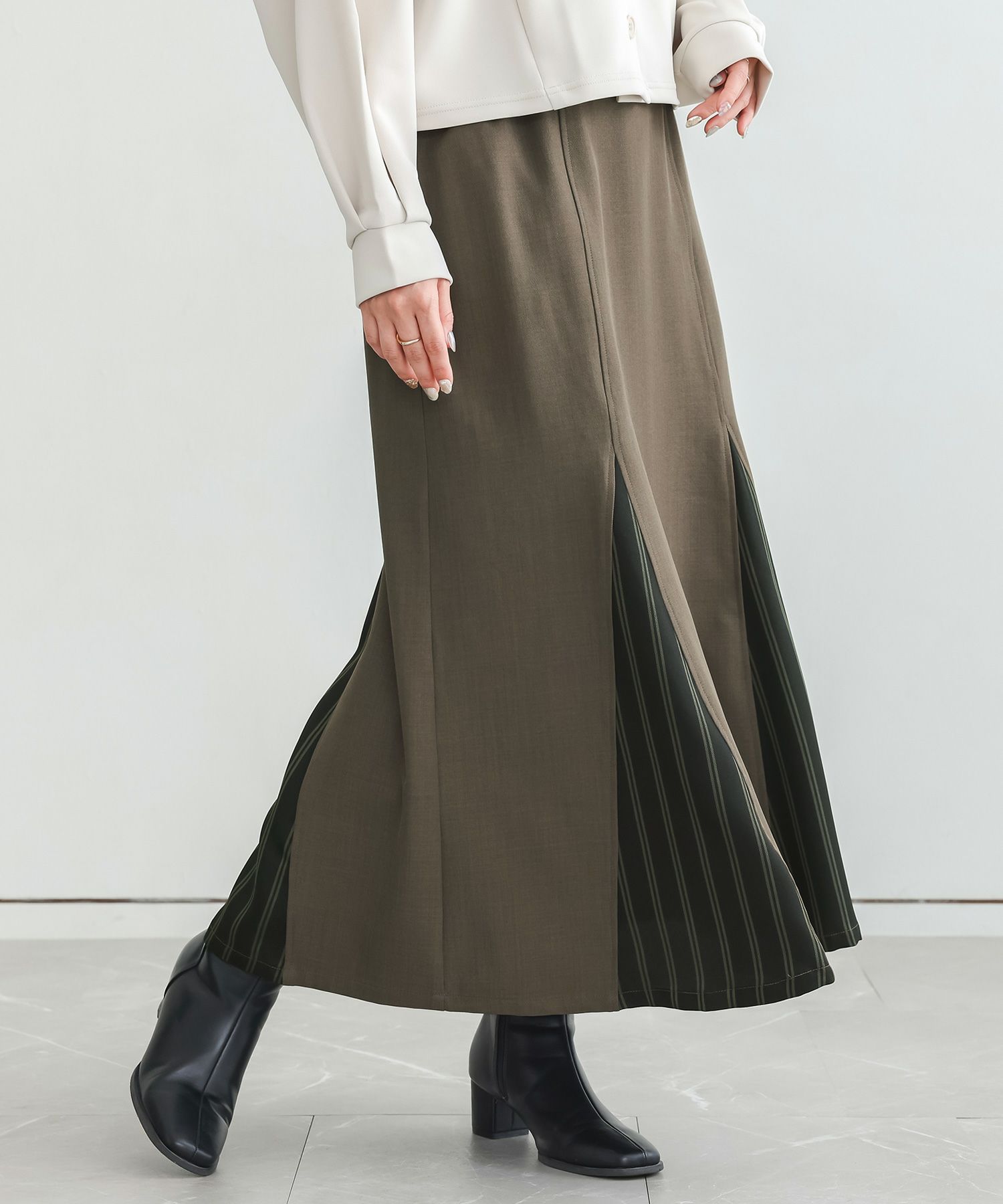 n'OrLABELストライプ切替セミフレアスカート』