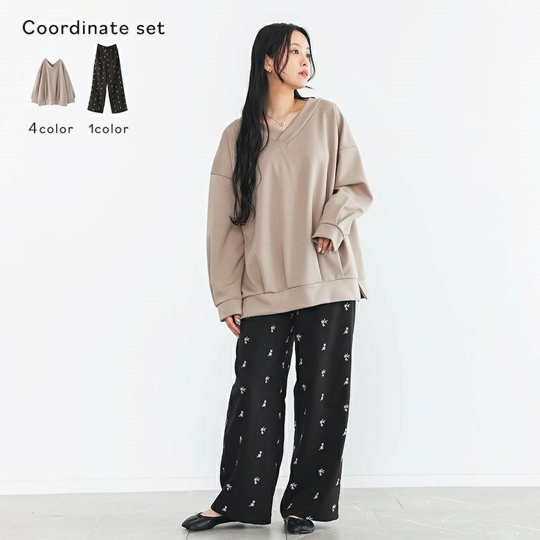 Vネックダンボールスウェット×花柄刺繍スラックスコーデ2点SET